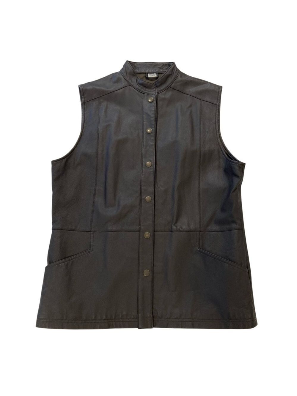 RTG women dark brown genuine leather jacket sleeveless snap button up size 13